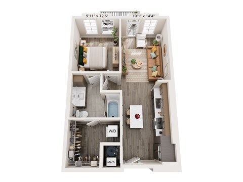Floor plan for 1 bed, 1 bath, 669 sqft